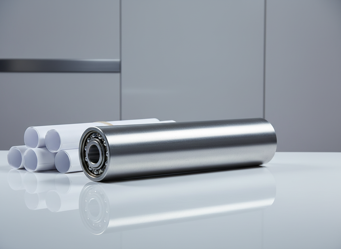 A heavy-duty, engineered idler roller crafted from galvanized steel with precision ball bearings visible at each end and a perfectly cylindrical form. The roller rests on an immaculate, reflective white tabletop in a modern industrial workspace, with neatly stacked blueprints and a minimal backdrop of neutral gray walls. Even, cool white studio lighting accentuates the smooth, metallic surface and creates crisp reflections, while subtle shadows provide dimensionality. The atmosphere is composed and methodical, highlighting the technical reliability of the product. The camera is positioned at eye-level, focusing sharply on the roller with a moderate depth of field that blurs the minimal background. The style is photographic with a corporate, clean-lined composition ideal for a professional product showcase.