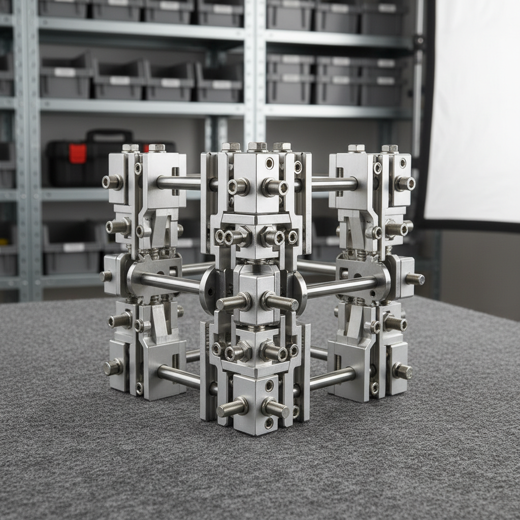 A meticulously assembled mechanical subassembly showcasing interlocked machined brackets, fasteners, and polished steel rods, each component precisely aligned to form a complex yet tidy structure. The subassembly is displayed atop a finely textured charcoal-gray surface, with neutral-toned metal shelving blurred softly behind to suggest a modern, organized workshop. Diffused, softbox lighting from above and slightly to the right delivers balanced, shadow-free illumination, allowing the structural elements and finish quality to be the focus. The mood is confident and expertly technical, underlining reliability and order. Framed with a three-quarter perspective and rule-of-thirds alignment, the image maintains a clean, photographic realism that supports a highly professional site context.